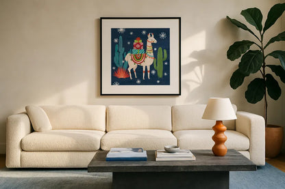 Lovely Llamas II Christmas by Mary Urban. Displayed in a glass frame with matte in a clean modern living room. Available as an archival giclee rolled canvas, fine art paper, or poster print. SKU 42829a.