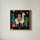 Lovely Llamas II Christmas Black by Mary Urban. Shown in a natural wood glass frame for a timeless modern aesthetic. Available as an archival giclee rolled canvas, fine art paper, or poster print. SKU 43976a.