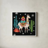 Lovely Llamas II Christmas Black by Mary Urban. Shown in a crisp white glass frame for a clean and minimalist style. Available as an archival giclee rolled canvas, fine art paper, or poster print. SKU 43976a.
