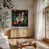 Lovely Llamas II Christmas Black by Mary Urban. Shown in a natural wood frame in a cozy modern living room. Available as an archival giclee rolled canvas, fine art paper, or poster print. SKU 43976a.