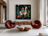Lovely Llamas II Christmas Black by Mary Urban. Shown as extra-large giant wall art in a modern living room. Available as an archival giclee rolled canvas, fine art paper, or poster print. SKU 43976a.