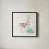 Lovely Llamas II no Cactus by Mary Urban. Shown in a sleek black glass frame for a contemporary gallery look. Available as an archival giclee rolled canvas, fine art paper, or poster print. SKU 41660a.