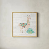 Lovely Llamas II no Cactus by Mary Urban. Shown in a natural wood glass frame for a timeless modern aesthetic. Available as an archival giclee rolled canvas, fine art paper, or poster print. SKU 41660a.