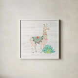 Lovely Llamas II no Cactus by Mary Urban. Shown in a crisp white glass frame for a clean and minimalist style. Available as an archival giclee rolled canvas, fine art paper, or poster print. SKU 41660a.