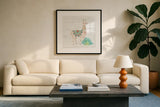 Lovely Llamas II no Cactus by Mary Urban. Displayed in a glass frame with matte in a clean modern living room. Available as an archival giclee rolled canvas, fine art paper, or poster print. SKU 41660a.