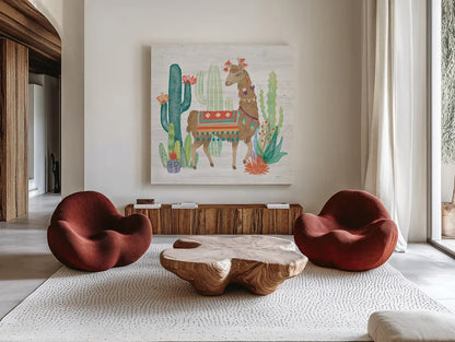 Lovely Llamas III by Mary Urban. Shown as extra-large giant wall art in a modern living room. Available as an archival giclee rolled canvas, fine art paper, or poster print. SKU 38794a.