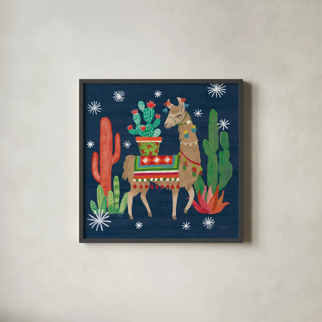 Lovely Llamas III Christmas by Mary Urban. Shown in a sleek black glass frame for a contemporary gallery look. Available as an archival giclee rolled canvas, fine art paper, or poster print. SKU 42830a.