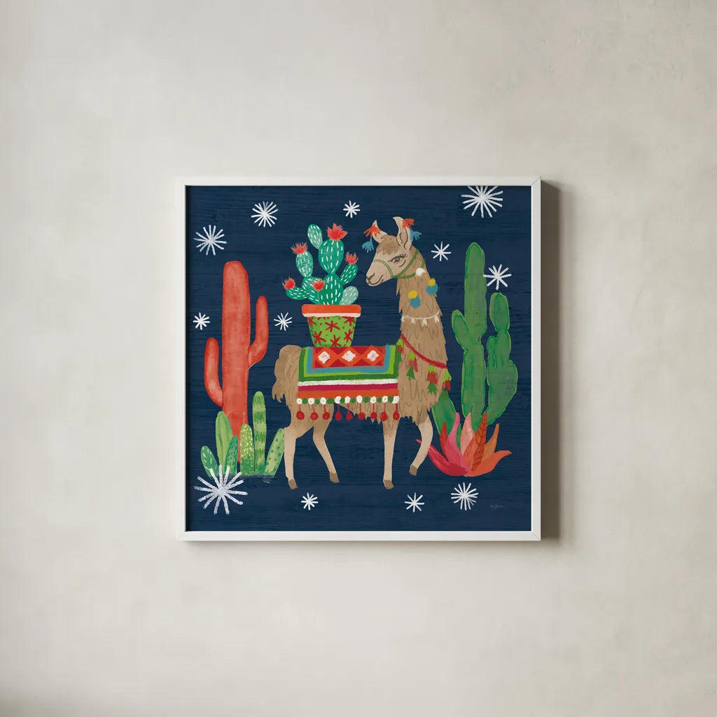 Lovely Llamas III Christmas by Mary Urban. Shown in a crisp white glass frame for a clean and minimalist style. Available as an archival giclee rolled canvas, fine art paper, or poster print. SKU 42830a.