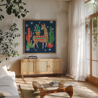 Lovely Llamas III Christmas by Mary Urban. Shown in a natural wood frame in a cozy modern living room. Available as an archival giclee rolled canvas, fine art paper, or poster print. SKU 42830a.