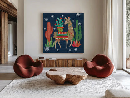 Lovely Llamas III Christmas by Mary Urban. Shown as extra-large giant wall art in a modern living room. Available as an archival giclee rolled canvas, fine art paper, or poster print. SKU 42830a.