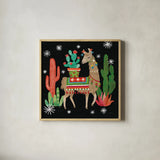 Lovely Llamas III Christmas Black by Mary Urban. Shown in a natural wood glass frame for a timeless modern aesthetic. Available as an archival giclee rolled canvas, fine art paper, or poster print. SKU 43977a.