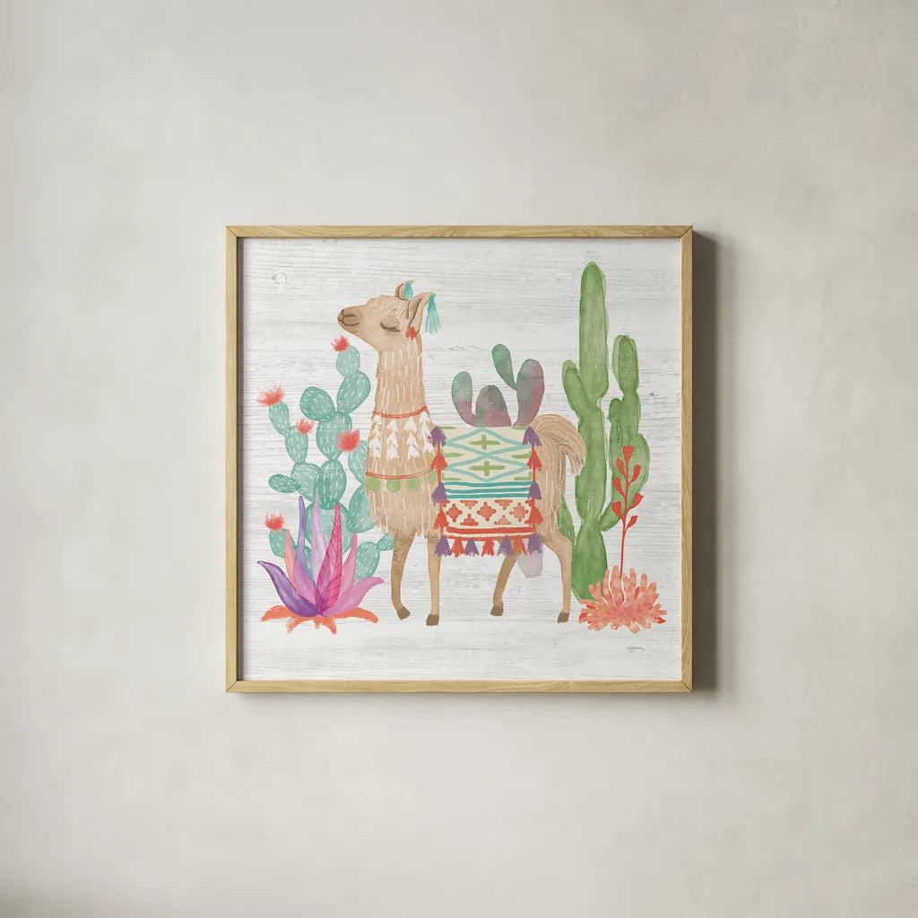 Lovely Llamas IV by Mary Urban. Shown in a natural wood glass frame for a timeless modern aesthetic. Available as an archival giclee rolled canvas, fine art paper, or poster print. SKU 38795a.