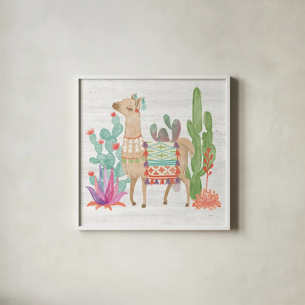 Lovely Llamas IV by Mary Urban. Shown in a crisp white glass frame for a clean and minimalist style. Available as an archival giclee rolled canvas, fine art paper, or poster print. SKU 38795a.