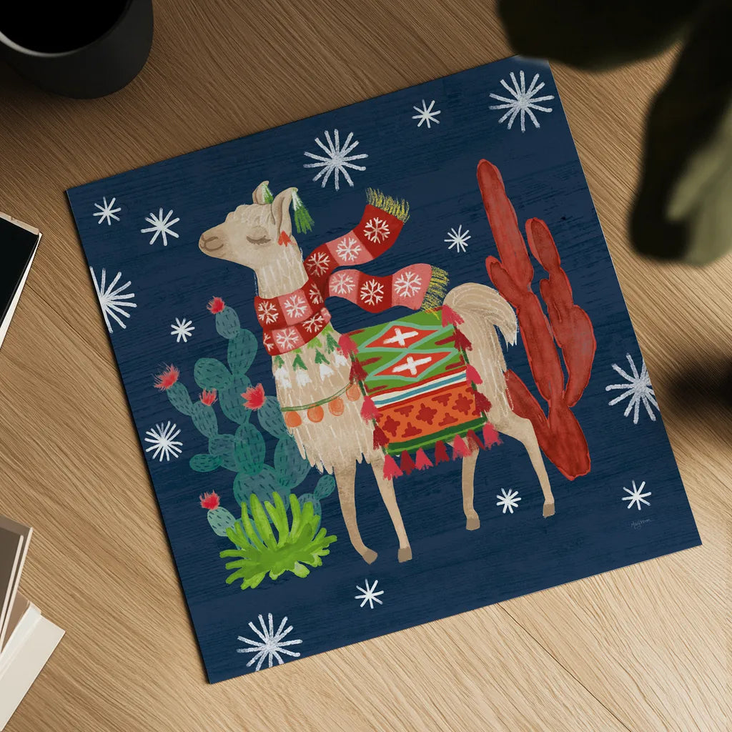 Lovely Llamas IV Christmas by Mary Urban. Shown as a detailed flat fine art print, highlighting archival giclee quality. Available as an archival giclee rolled canvas, fine art paper, or poster print. SKU 42831a.