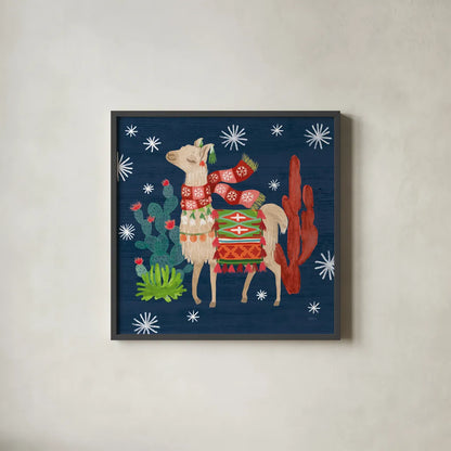 Lovely Llamas IV Christmas by Mary Urban. Shown in a sleek black glass frame for a contemporary gallery look. Available as an archival giclee rolled canvas, fine art paper, or poster print. SKU 42831a.