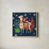 Lovely Llamas IV Christmas by Mary Urban. Shown in a natural wood glass frame for a timeless modern aesthetic. Available as an archival giclee rolled canvas, fine art paper, or poster print. SKU 42831a.