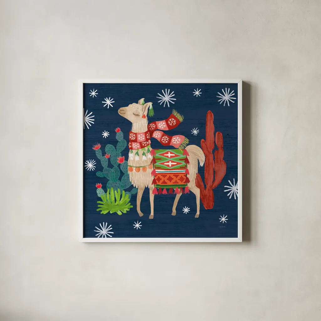 Lovely Llamas IV Christmas by Mary Urban. Shown in a crisp white glass frame for a clean and minimalist style. Available as an archival giclee rolled canvas, fine art paper, or poster print. SKU 42831a.