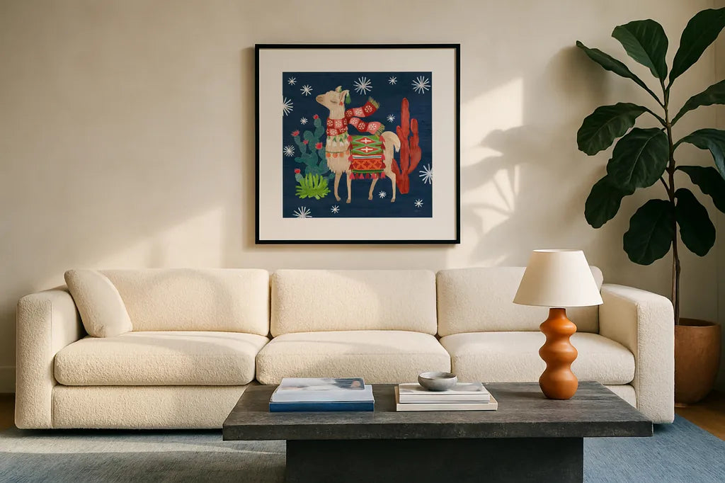 Lovely Llamas IV Christmas by Mary Urban. Displayed in a glass frame with matte in a clean modern living room. Available as an archival giclee rolled canvas, fine art paper, or poster print. SKU 42831a.