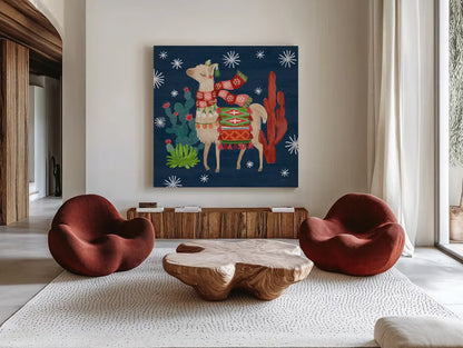 Lovely Llamas IV Christmas by Mary Urban. Shown as extra-large giant wall art in a modern living room. Available as an archival giclee rolled canvas, fine art paper, or poster print. SKU 42831a.