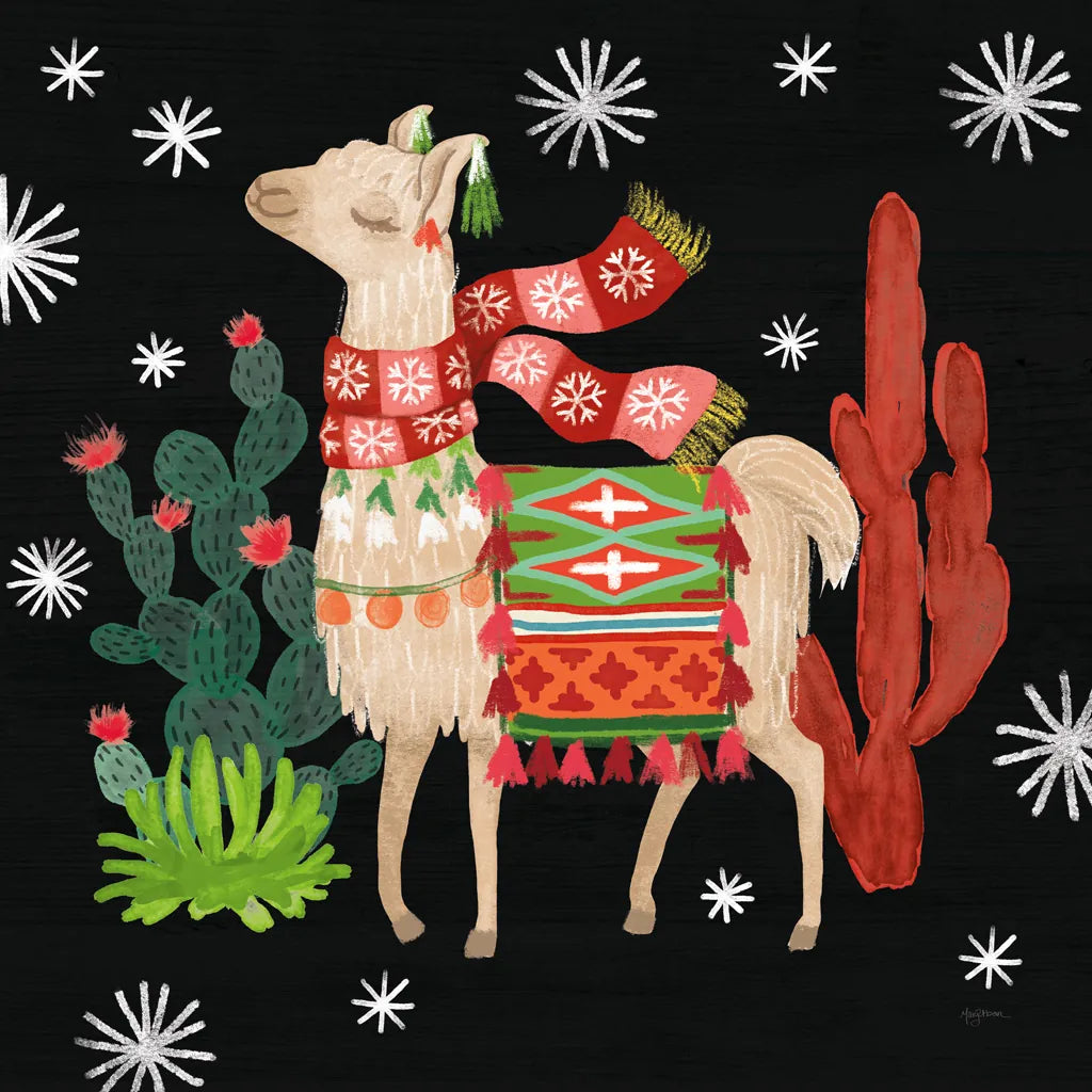 Lovely Llamas IV Christmas Black by Mary Urban. SKU 43978a. Archival Giclee Fine art print for wall decor.