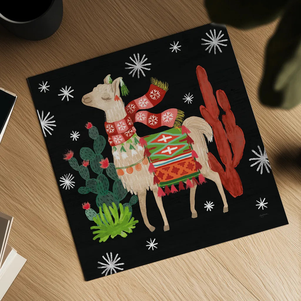 Lovely Llamas IV Christmas Black by Mary Urban. Shown as a detailed flat fine art print, highlighting archival giclee quality. Available as an archival giclee rolled canvas, fine art paper, or poster print. SKU 43978a.