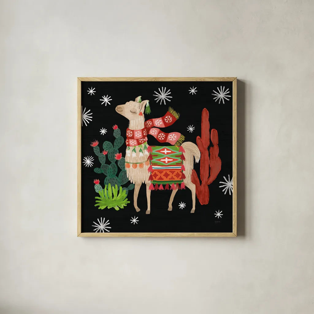 Lovely Llamas IV Christmas Black by Mary Urban. Shown in a natural wood glass frame for a timeless modern aesthetic. Available as an archival giclee rolled canvas, fine art paper, or poster print. SKU 43978a.