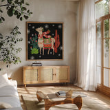 Lovely Llamas IV Christmas Black by Mary Urban. Shown in a natural wood frame in a cozy modern living room. Available as an archival giclee rolled canvas, fine art paper, or poster print. SKU 43978a.