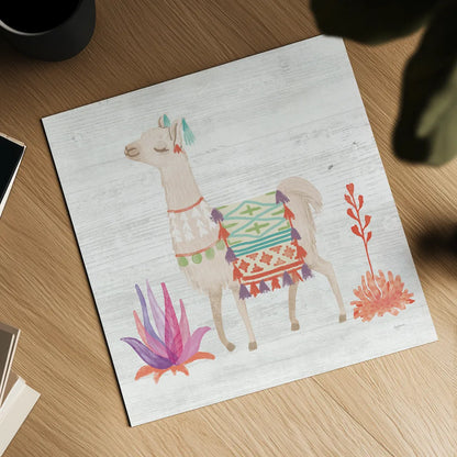 Lovely Llamas IV White no Cactus by Mary Urban. Shown as a detailed flat fine art print, highlighting archival giclee quality. Available as an archival giclee rolled canvas, fine art paper, or poster print. SKU 41659a.