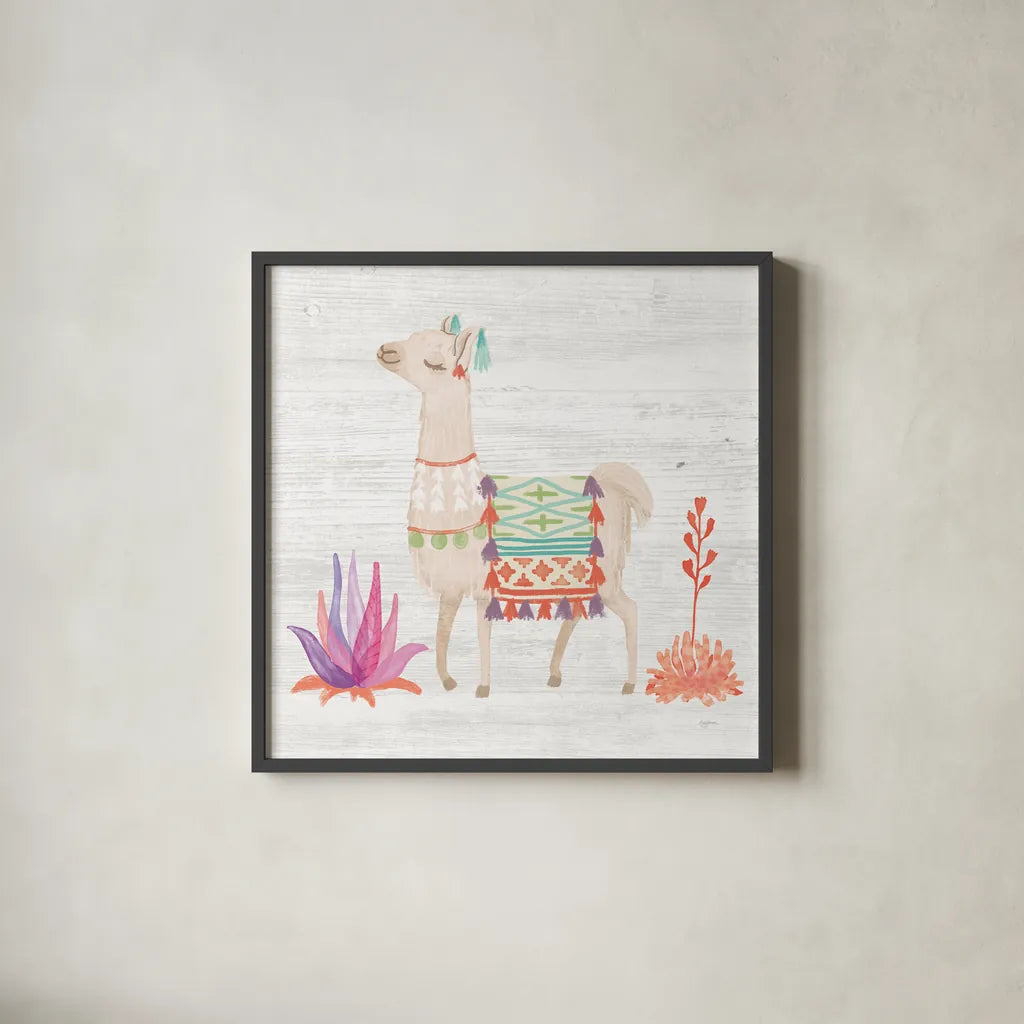 Lovely Llamas IV White no Cactus by Mary Urban. Shown in a sleek black glass frame for a contemporary gallery look. Available as an archival giclee rolled canvas, fine art paper, or poster print. SKU 41659a.