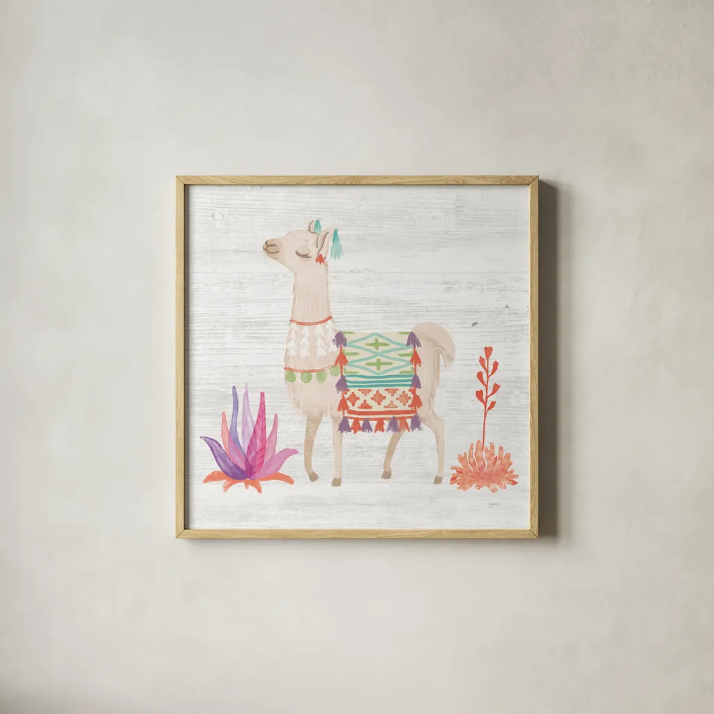 Lovely Llamas IV White no Cactus by Mary Urban. Shown in a natural wood glass frame for a timeless modern aesthetic. Available as an archival giclee rolled canvas, fine art paper, or poster print. SKU 41659a.