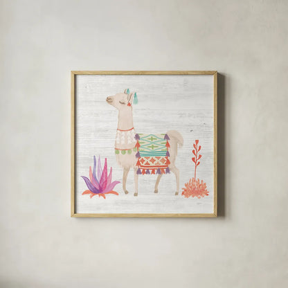 Lovely Llamas IV White no Cactus by Mary Urban. Shown in a natural wood glass frame for a timeless modern aesthetic. Available as an archival giclee rolled canvas, fine art paper, or poster print. SKU 41659a.