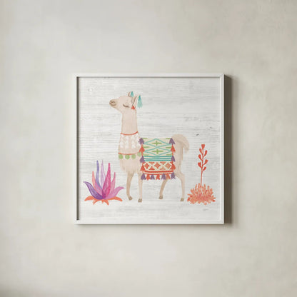 Lovely Llamas IV White no Cactus by Mary Urban. Shown in a crisp white glass frame for a clean and minimalist style. Available as an archival giclee rolled canvas, fine art paper, or poster print. SKU 41659a.