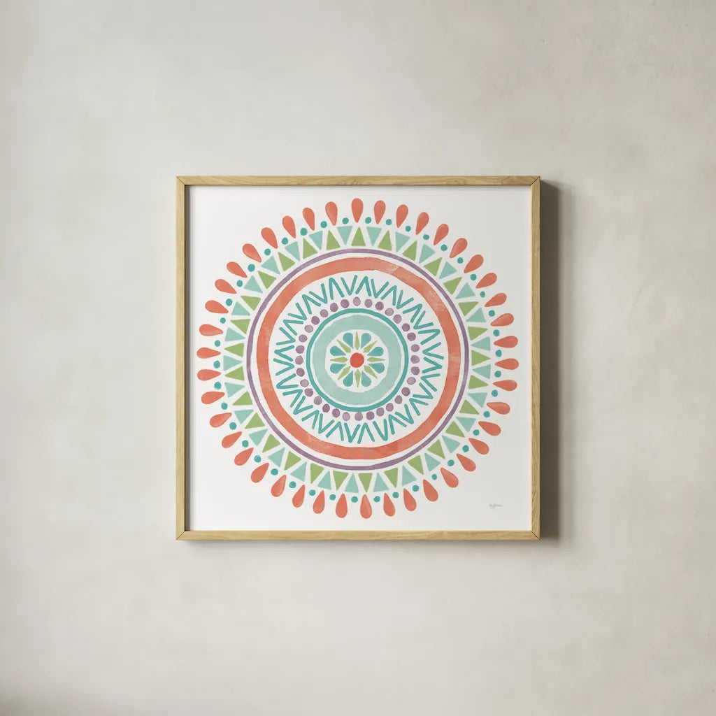 Lovely Llamas Mandala I on White by Mary Urban. Shown in a natural wood glass frame for a timeless modern aesthetic. Available as an archival giclee rolled canvas, fine art paper, or poster print. SKU 39316a.