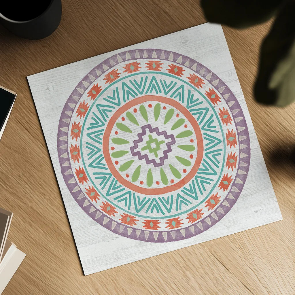 Lovely Llamas Mandala II by Mary Urban. Shown as a detailed flat fine art print, highlighting archival giclee quality. Available as an archival giclee rolled canvas, fine art paper, or poster print. SKU 38798a.