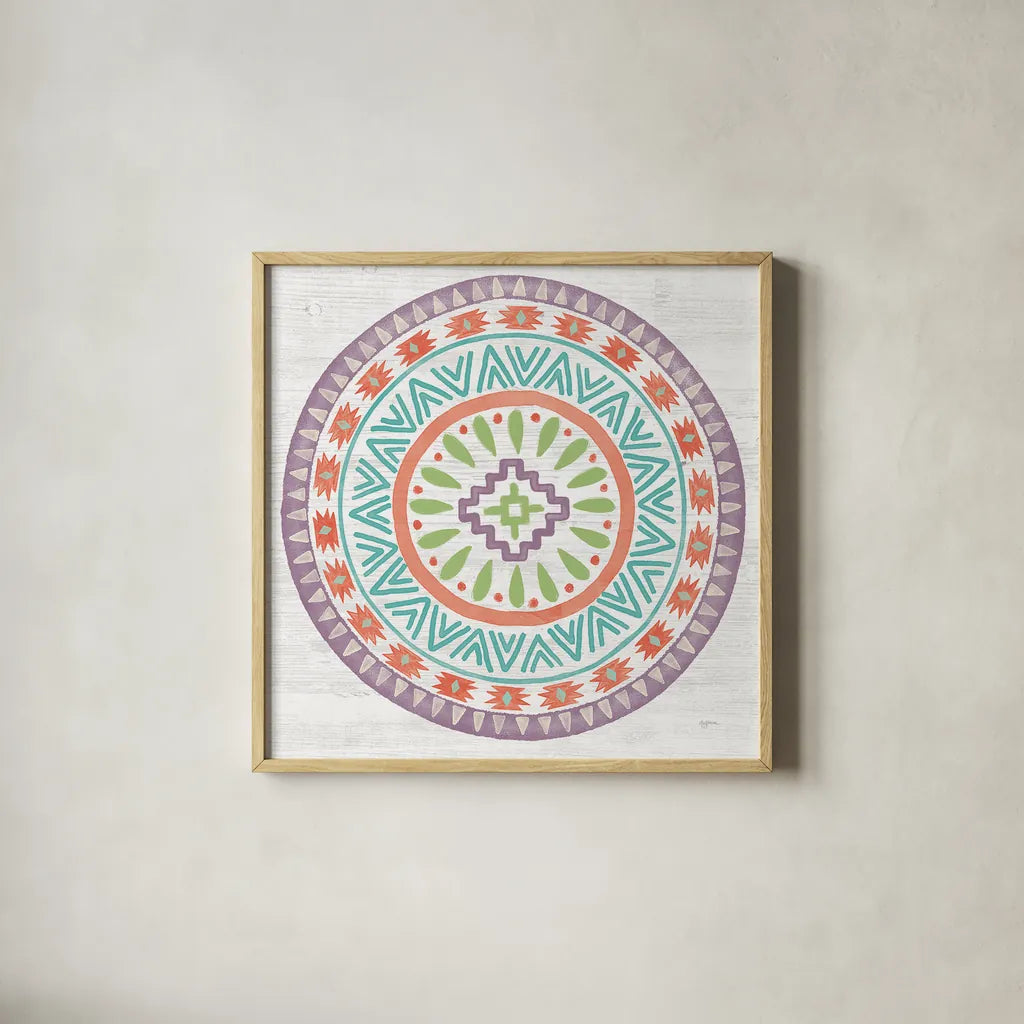 Lovely Llamas Mandala II by Mary Urban. Shown in a natural wood glass frame for a timeless modern aesthetic. Available as an archival giclee rolled canvas, fine art paper, or poster print. SKU 38798a.