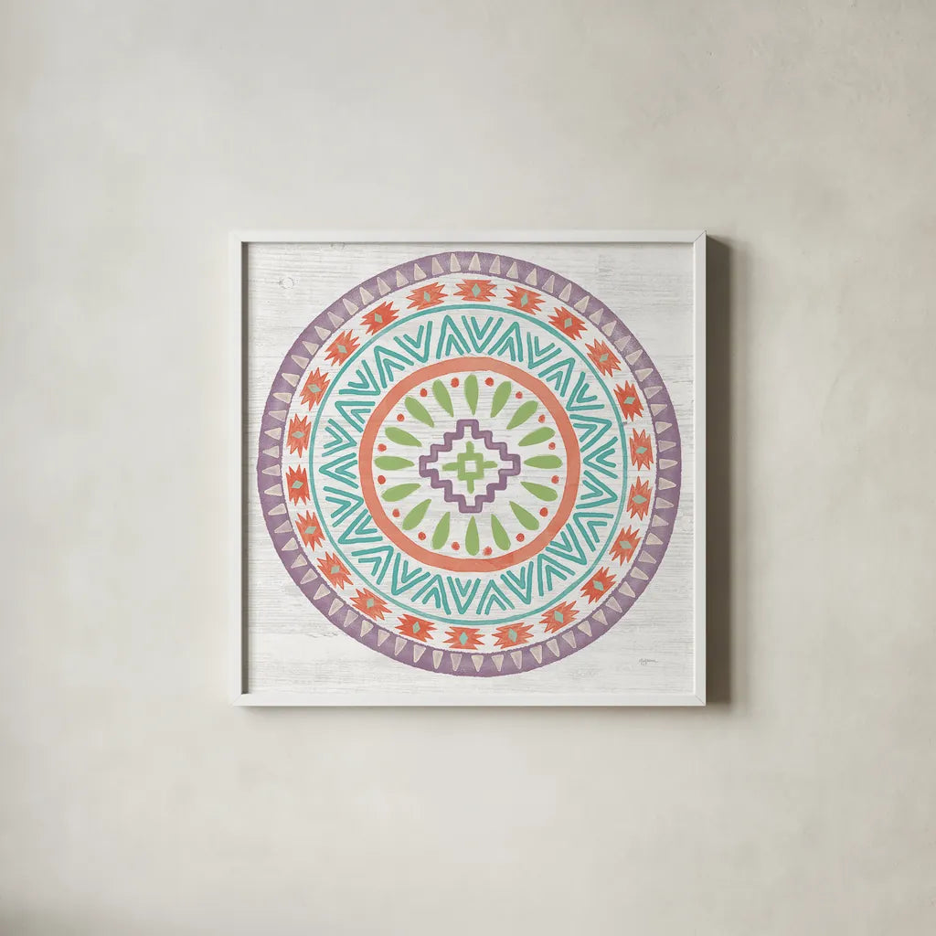 Lovely Llamas Mandala II by Mary Urban. Shown in a crisp white glass frame for a clean and minimalist style. Available as an archival giclee rolled canvas, fine art paper, or poster print. SKU 38798a.