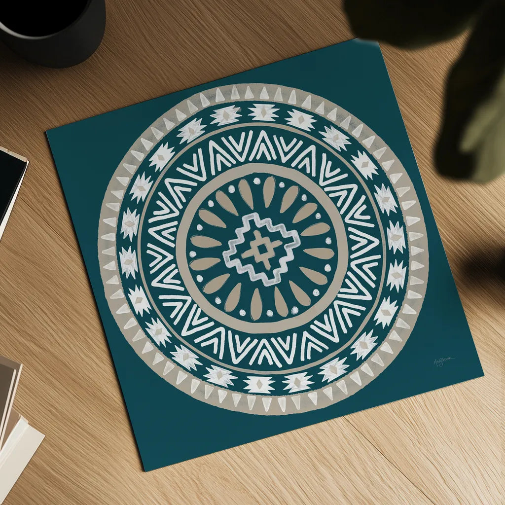 Lovely Llamas Mandala II Blue Green by Mary Urban. Shown as a detailed flat fine art print, highlighting archival giclee quality. Available as an archival giclee rolled canvas, fine art paper, or poster print. SKU 55559a.