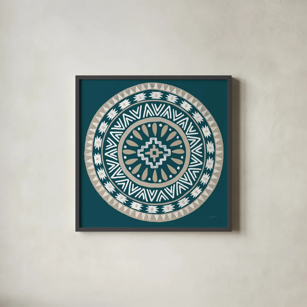 Lovely Llamas Mandala II Blue Green by Mary Urban. Shown in a sleek black glass frame for a contemporary gallery look. Available as an archival giclee rolled canvas, fine art paper, or poster print. SKU 55559a.
