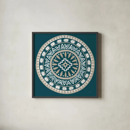 Lovely Llamas Mandala II Blue Green by Mary Urban. Shown in a sleek black glass frame for a contemporary gallery look. Available as an archival giclee rolled canvas, fine art paper, or poster print. SKU 55559a.