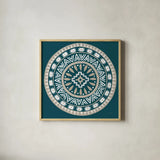 Lovely Llamas Mandala II Blue Green by Mary Urban. Shown in a natural wood glass frame for a timeless modern aesthetic. Available as an archival giclee rolled canvas, fine art paper, or poster print. SKU 55559a.