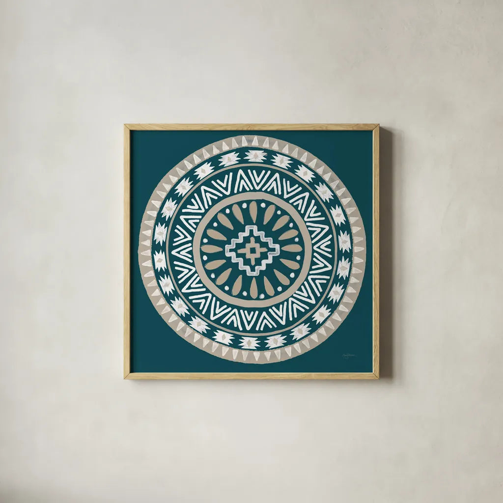 Lovely Llamas Mandala II Blue Green by Mary Urban. Shown in a natural wood glass frame for a timeless modern aesthetic. Available as an archival giclee rolled canvas, fine art paper, or poster print. SKU 55559a.