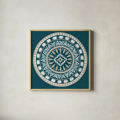 Lovely Llamas Mandala II Blue Green by Mary Urban. Shown in a natural wood glass frame for a timeless modern aesthetic. Available as an archival giclee rolled canvas, fine art paper, or poster print. SKU 55559a.