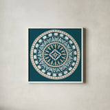 Lovely Llamas Mandala II Blue Green by Mary Urban. Shown in a crisp white glass frame for a clean and minimalist style. Available as an archival giclee rolled canvas, fine art paper, or poster print. SKU 55559a.