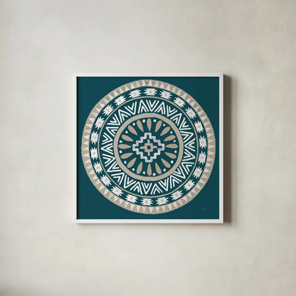 Lovely Llamas Mandala II Blue Green by Mary Urban. Shown in a crisp white glass frame for a clean and minimalist style. Available as an archival giclee rolled canvas, fine art paper, or poster print. SKU 55559a.