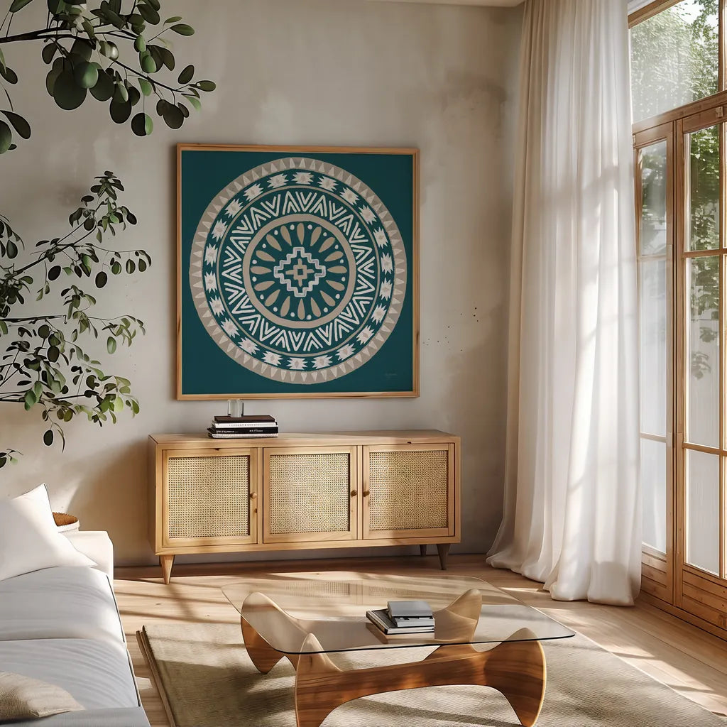 Lovely Llamas Mandala II Blue Green by Mary Urban. Shown in a natural wood frame in a cozy modern living room. Available as an archival giclee rolled canvas, fine art paper, or poster print. SKU 55559a.