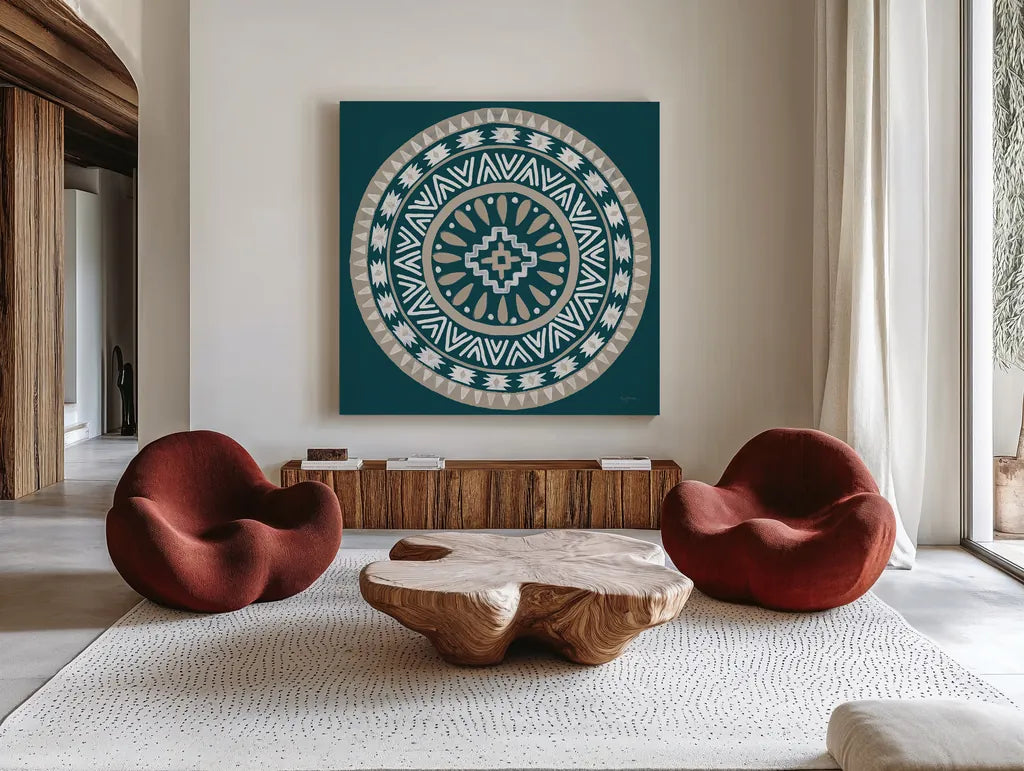 Lovely Llamas Mandala II Blue Green by Mary Urban. Shown as extra-large giant wall art in a modern living room. Available as an archival giclee rolled canvas, fine art paper, or poster print. SKU 55559a.