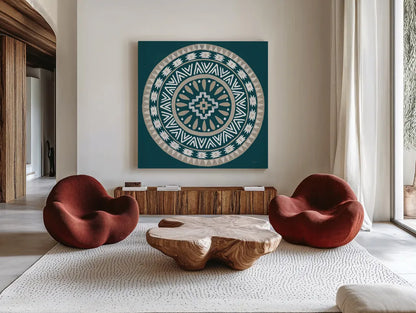 Lovely Llamas Mandala II Blue Green by Mary Urban. Shown as extra-large giant wall art in a modern living room. Available as an archival giclee rolled canvas, fine art paper, or poster print. SKU 55559a.