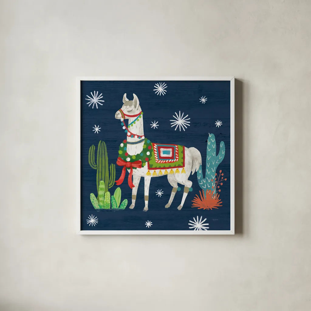 Lovely Llamas V Christmas by Mary Urban. Shown in a crisp white glass frame for a clean and minimalist style. Available as an archival giclee rolled canvas, fine art paper, or poster print. SKU 42832a.