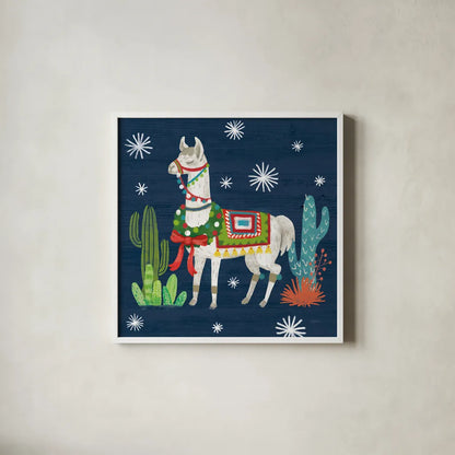 Lovely Llamas V Christmas by Mary Urban. Shown in a crisp white glass frame for a clean and minimalist style. Available as an archival giclee rolled canvas, fine art paper, or poster print. SKU 42832a.