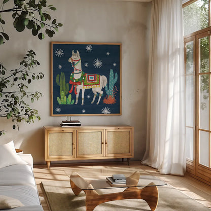 Lovely Llamas V Christmas by Mary Urban. Shown in a natural wood frame in a cozy modern living room. Available as an archival giclee rolled canvas, fine art paper, or poster print. SKU 42832a.